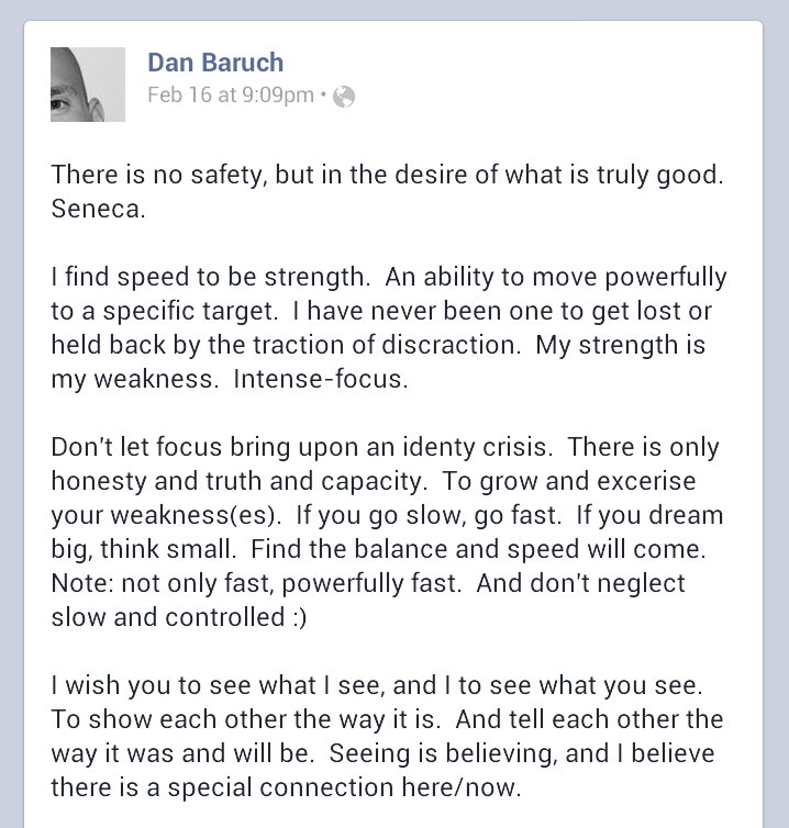 Screenshot of a Dan Baruch post about strength, focus, and balance. Full text is available below.