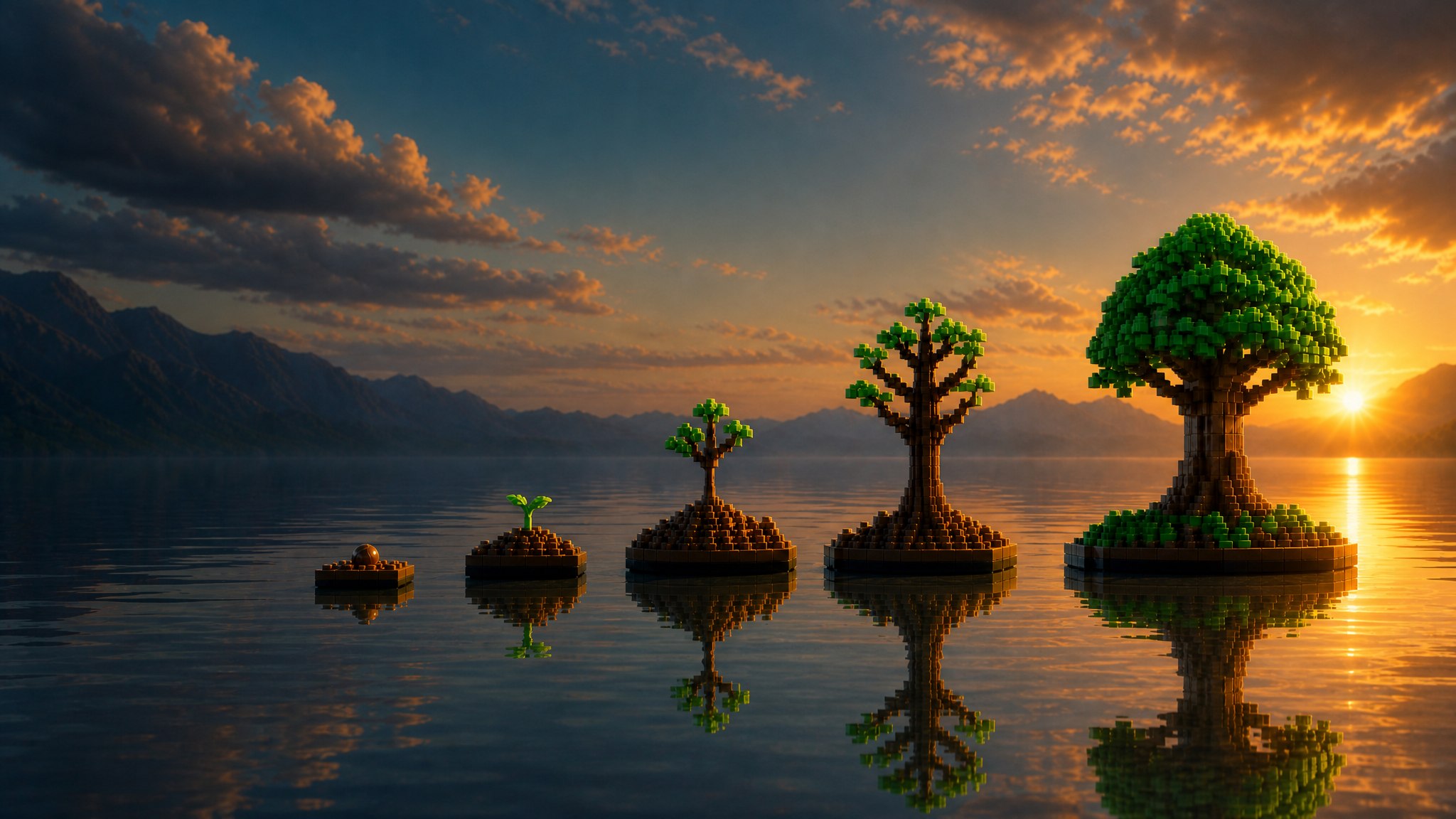 Five voxel trees growing from a seed to a full canopy over a still lake at sunrise