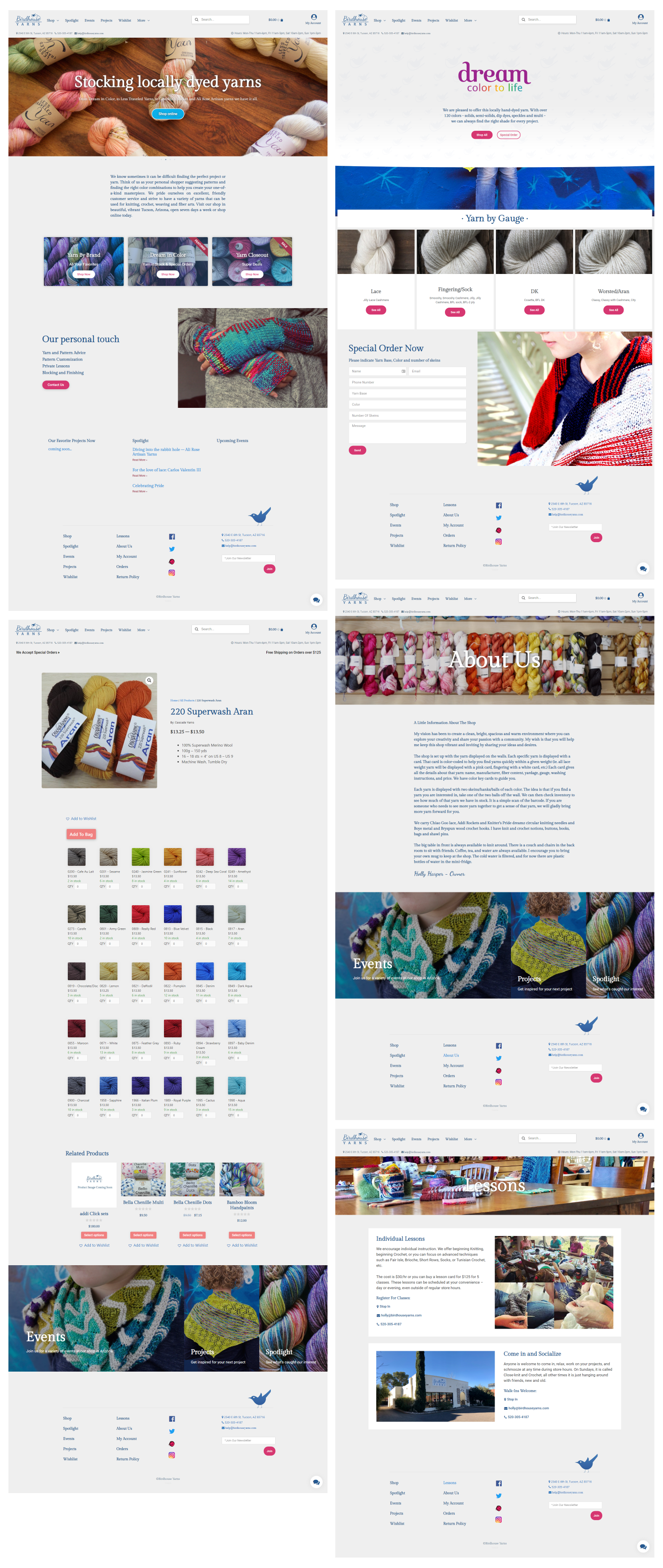 Birdhouse Yarns website montage showing the homepage, yarn shop, product options, About page, and lessons