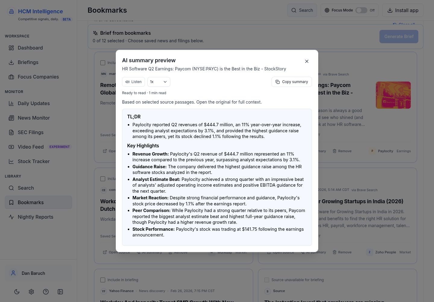 Generated AI summary with evidence note, listening speed and copy controls