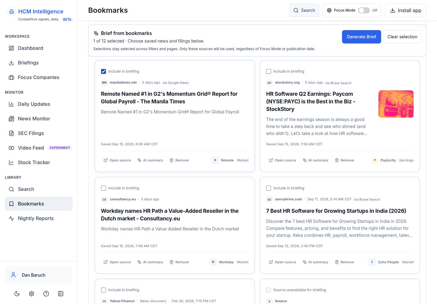 Selected bookmarks ready to become a source-based briefing