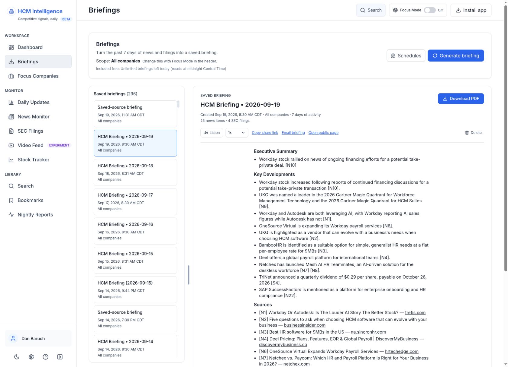 Saved briefing reader with citations, PDF download and listening controls