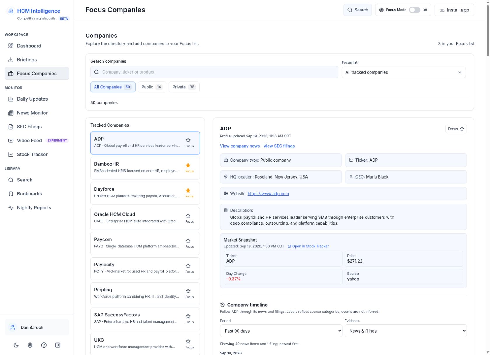 Authenticated company directory with Focus stars and company profile