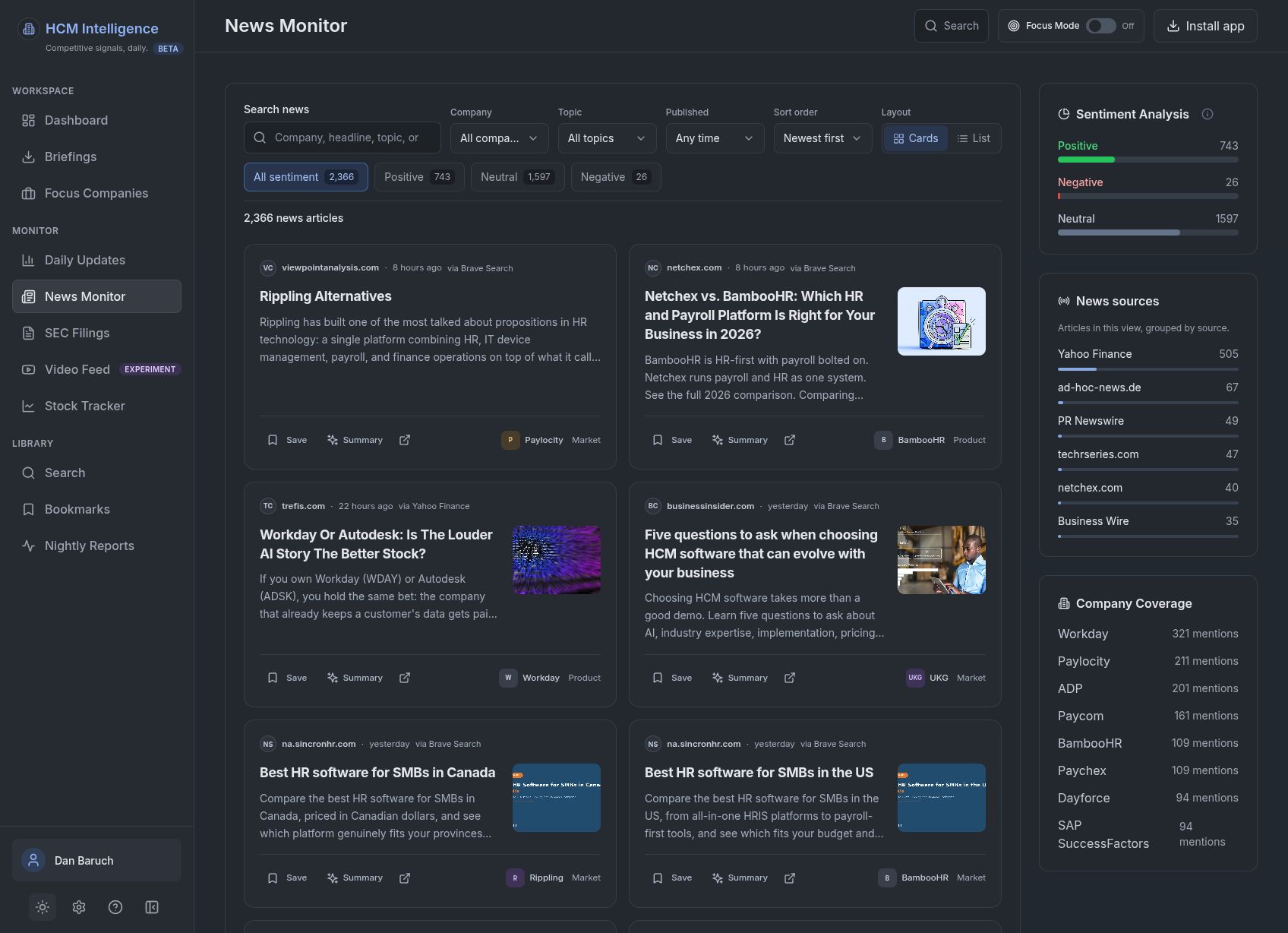 News Monitor in dark mode