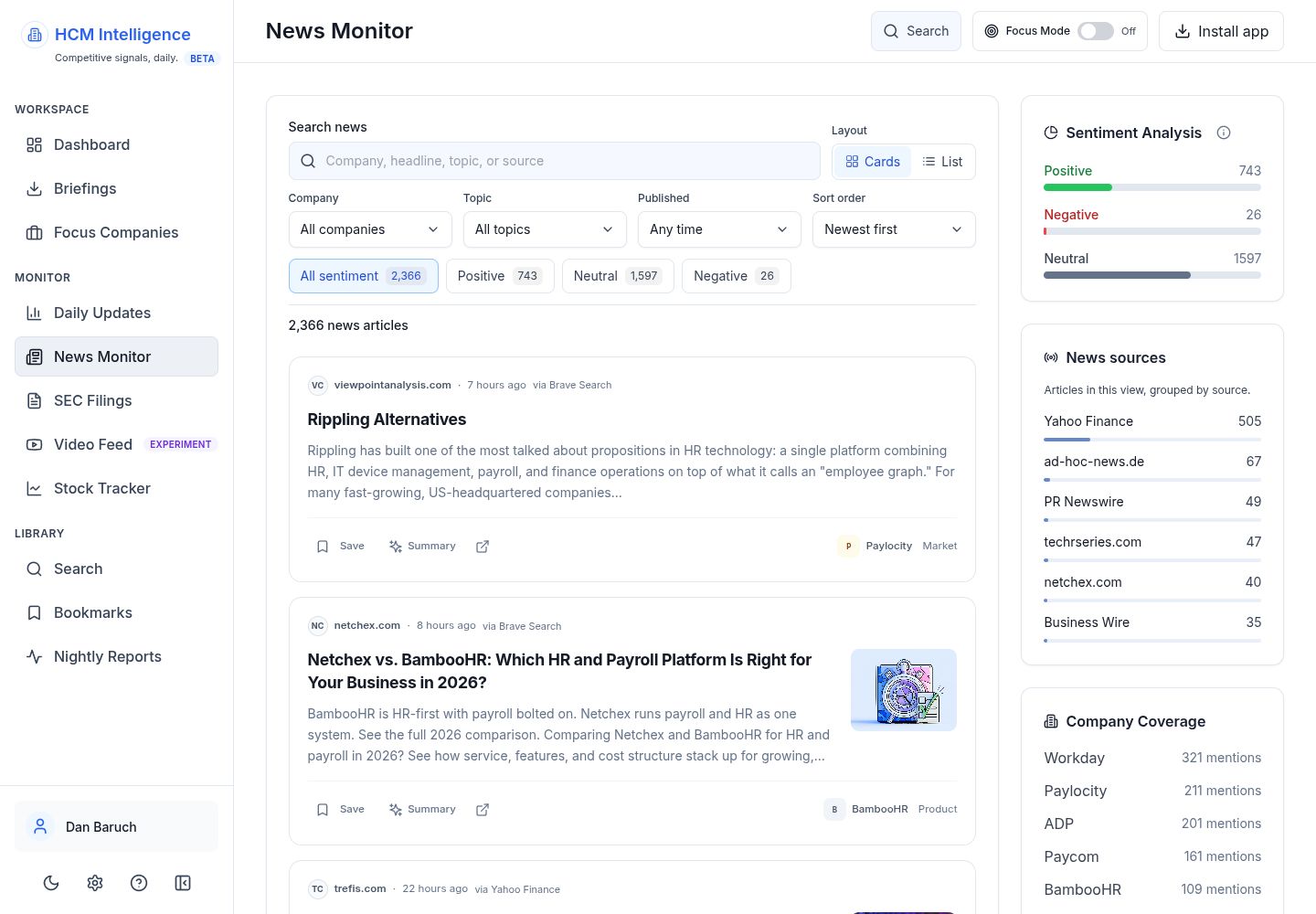 News Monitor source attribution and search filters