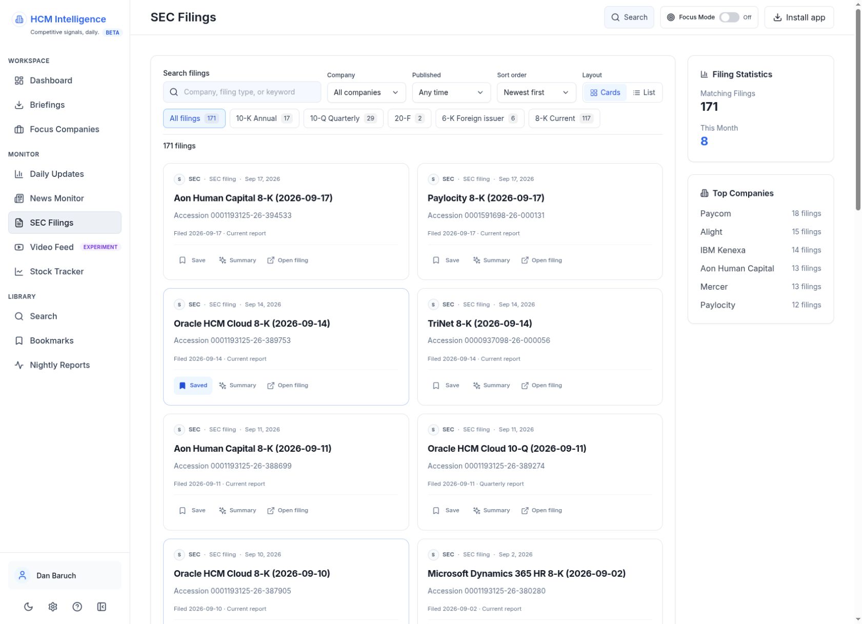 SEC filing cards and form filters