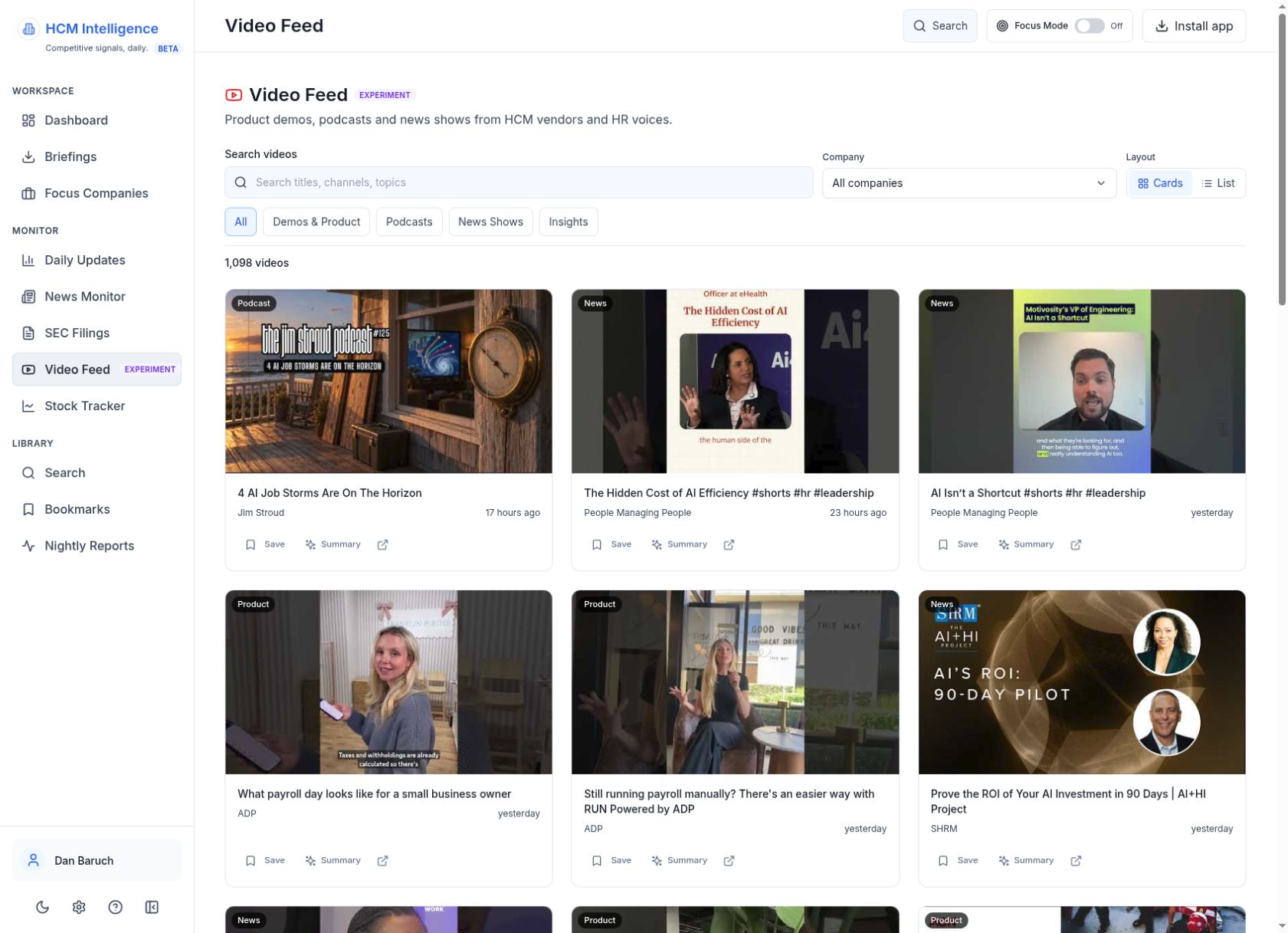 Authenticated video feed with demos, podcasts and news category filters